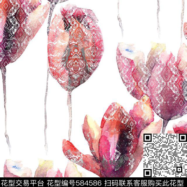 休闲时尚水彩花卉民族风复古手绘郁金香复古民族纹样服装面料华亿平台数码印花华亿平台下载（图片编号: 584586） - 瓦栏（Walan）