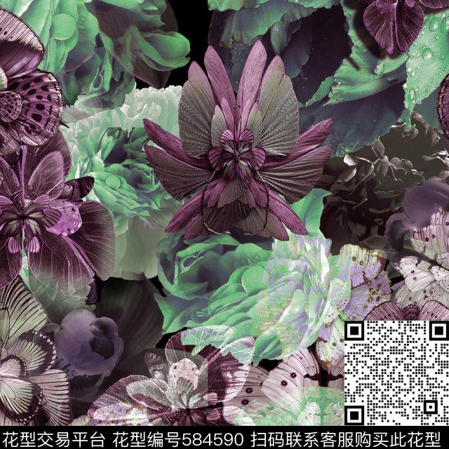 大花卉蝴蝶旋转花数码印花华亿平台下载（图片编号: 584590） - 瓦栏（Walan）