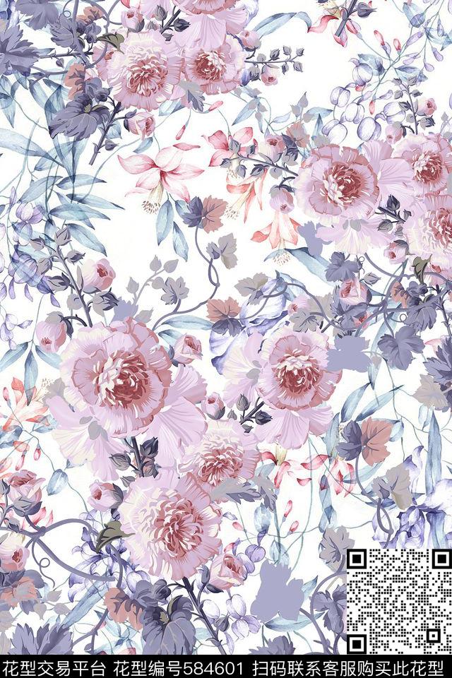 紫色花卉浪漫数码印花华亿平台下载（图片编号: 584601） - 瓦栏（Walan）