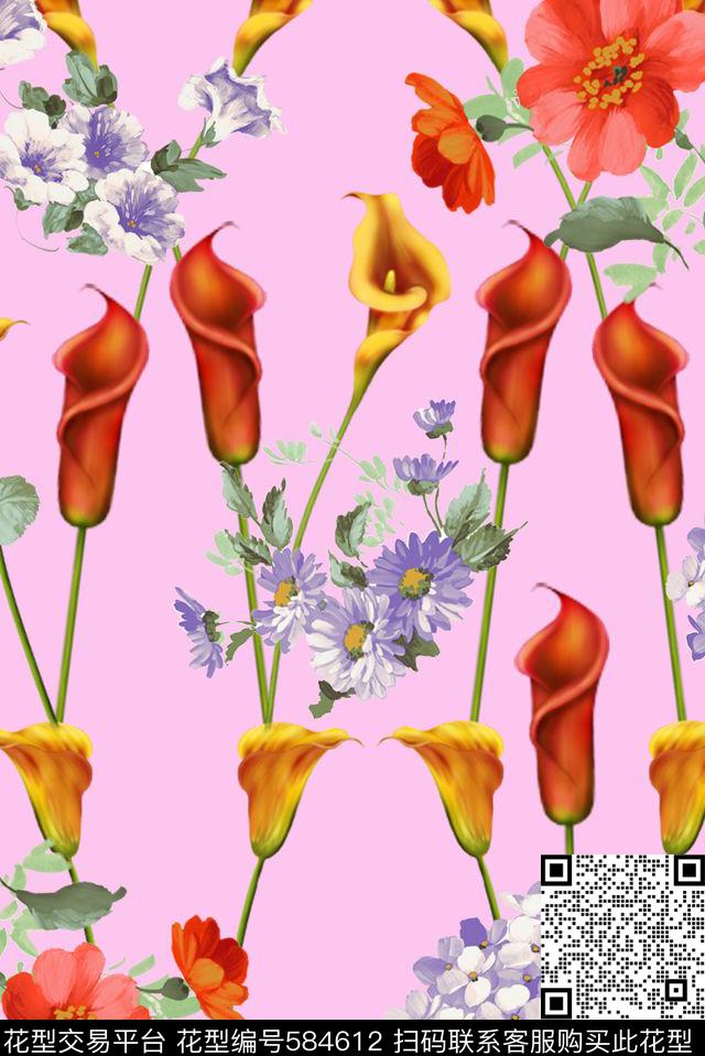 手绘写意花卉女装裙子床品箱包手绘写意花卉马蹄莲菊花小花花卉数码印花华亿平台下载（图片编号: 584612） - 瓦栏（Walan）