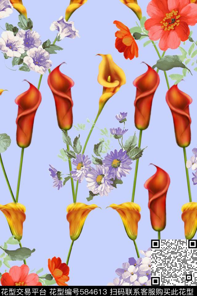 手绘写意花卉女装裙子床品箱包手绘写意花卉马蹄莲菊花小花花卉数码印花华亿平台下载（图片编号: 584613） - 瓦栏（Walan）
