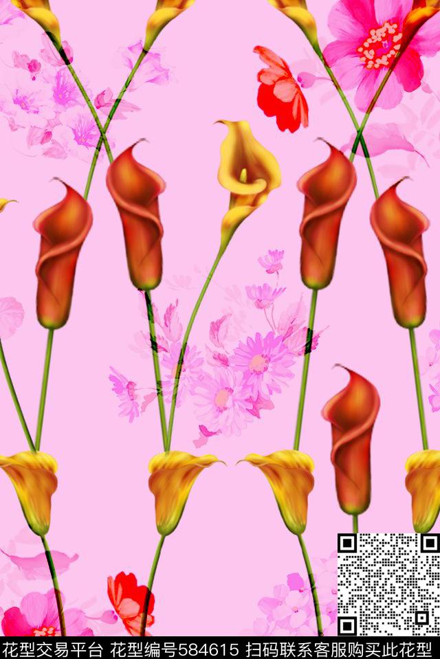 手绘写意花卉女装裙子床品箱包手绘写意花卉马蹄莲菊花小花花卉数码印花华亿平台下载（图片编号: 584615） - 瓦栏（Walan）