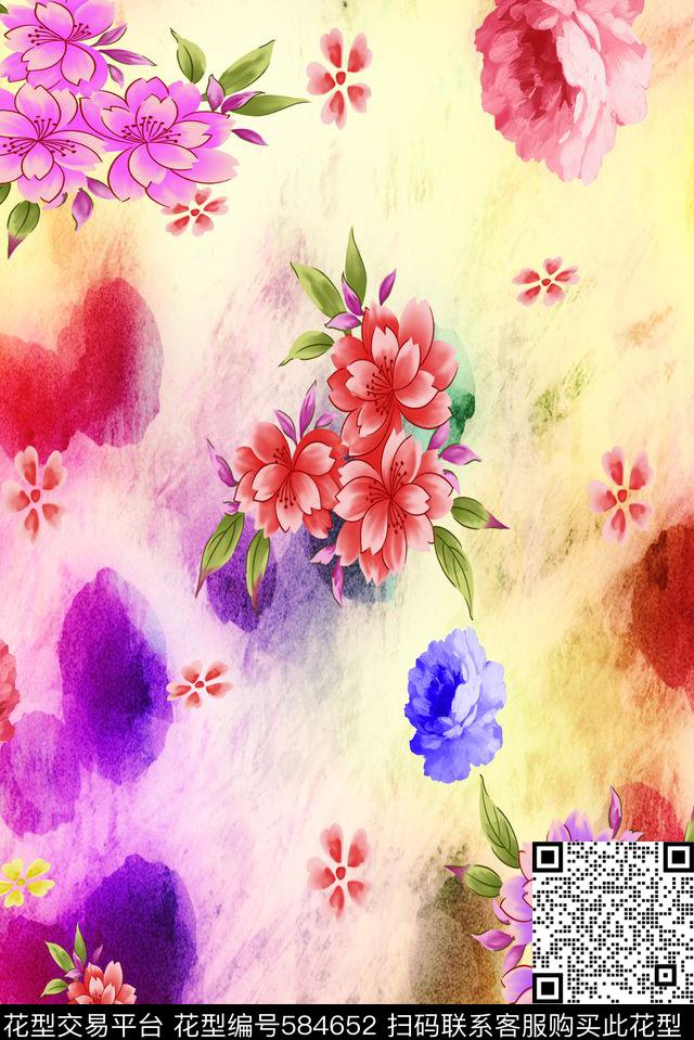 水墨手绘花卉女装裙子丝巾礼品水墨手绘花卉花卉数码印花华亿平台下载（图片编号: 584652） - 瓦栏（Walan）