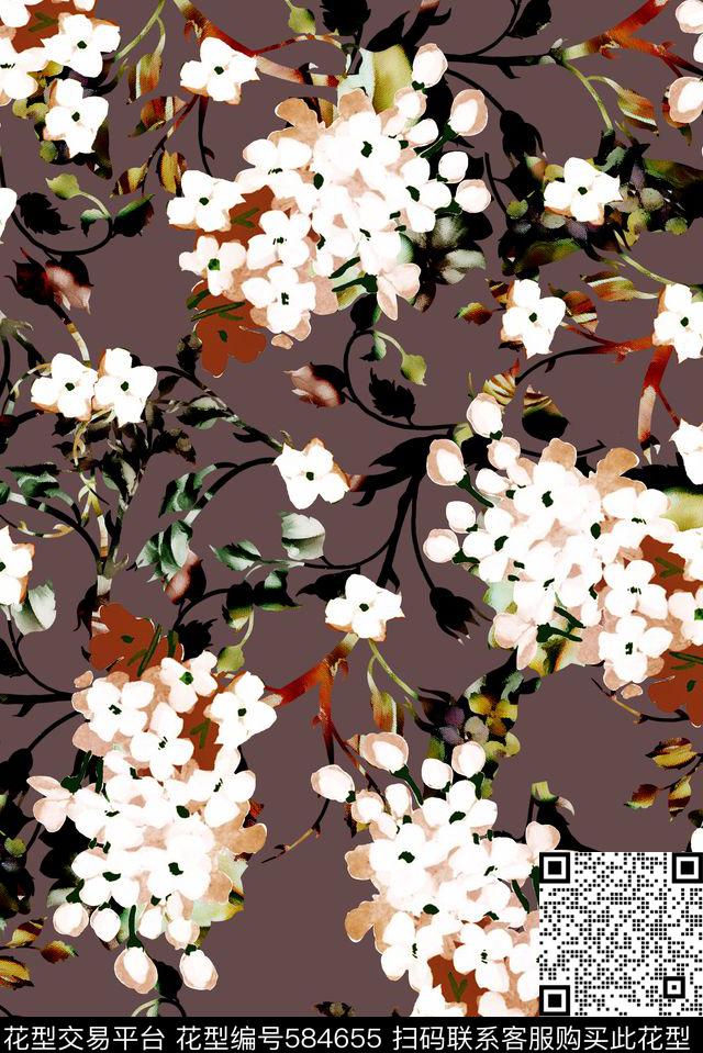 手绘花朵大气高雅手绘花卉数码印花华亿平台下载（图片编号: 584655） - 瓦栏（Walan）