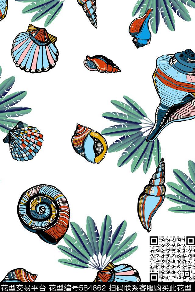 夏日海螺贝壳数码印花华亿平台下载（图片编号: 584662） - 瓦栏（Walan）