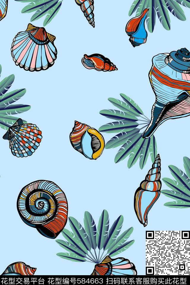 夏日海螺贝壳数码印花华亿平台下载（图片编号: 584663） - 瓦栏（Walan）