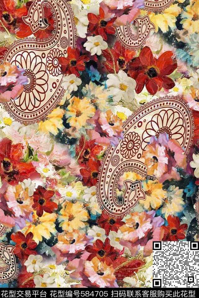 笔触花卉佩兹利数码印花华亿平台下载（图片编号: 584705） - 瓦栏（Walan）