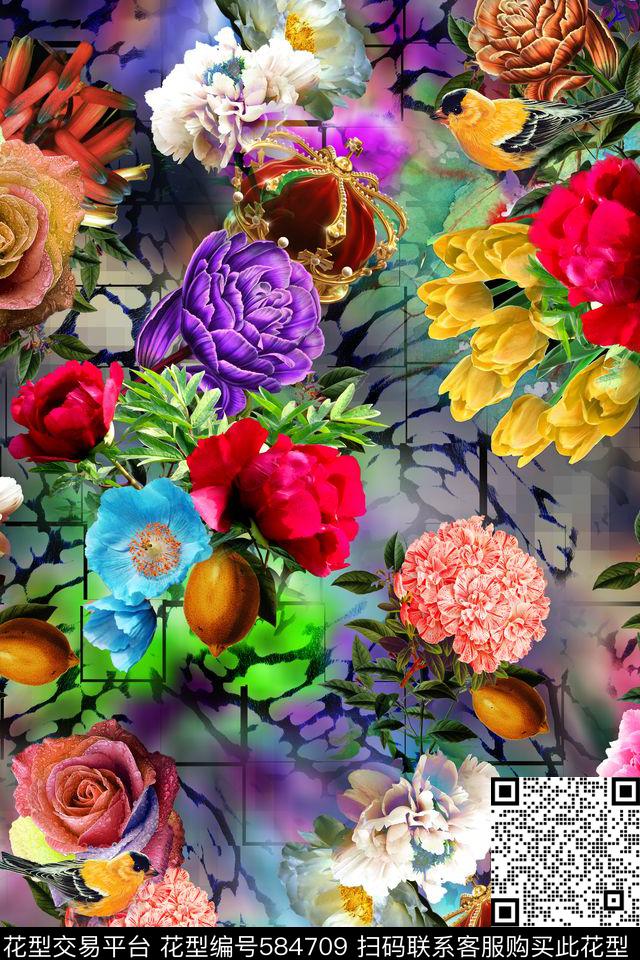 迷幻时装炫彩花卉数码印花华亿平台下载（图片编号: 584709） - 瓦栏（Walan）
