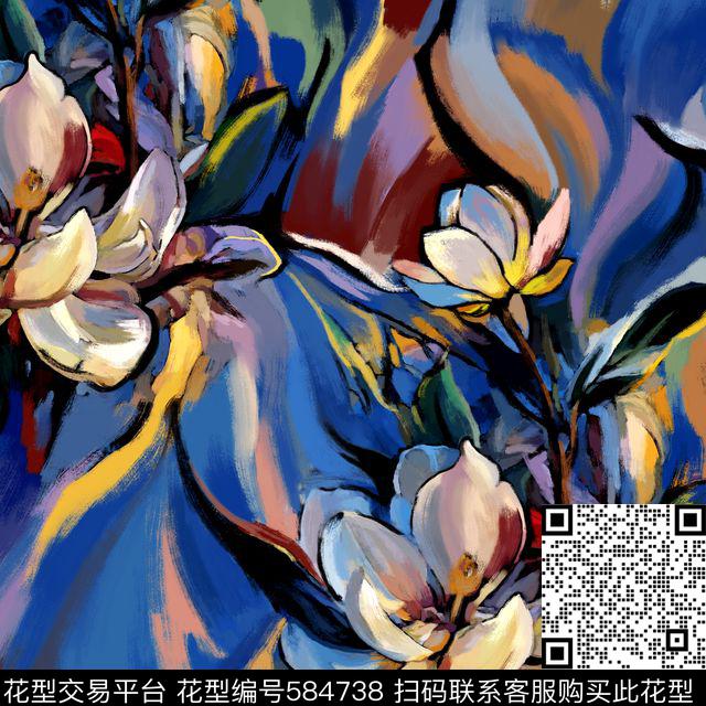 涂鸦花卉笔触数码印花华亿平台下载（图片编号: 584738） - 瓦栏（Walan）