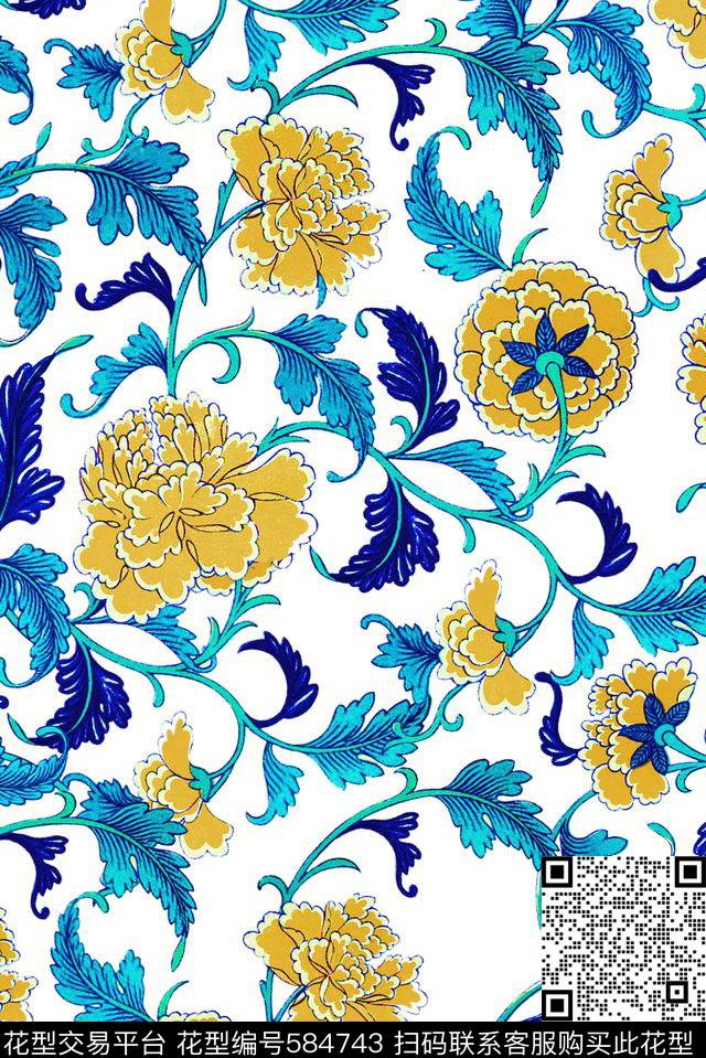 中国风青花梵尔花卉数码印花华亿平台下载（图片编号: 584743） - 瓦栏（Walan）