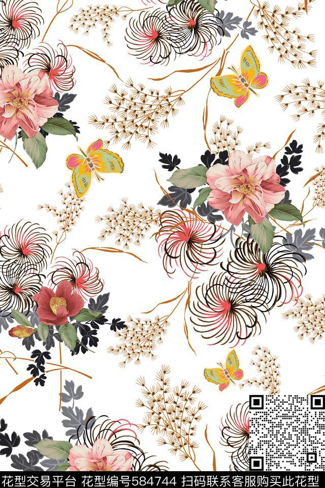 手绘花朵花纹数码印花华亿平台下载（图片编号: 584744） - 瓦栏（Walan）