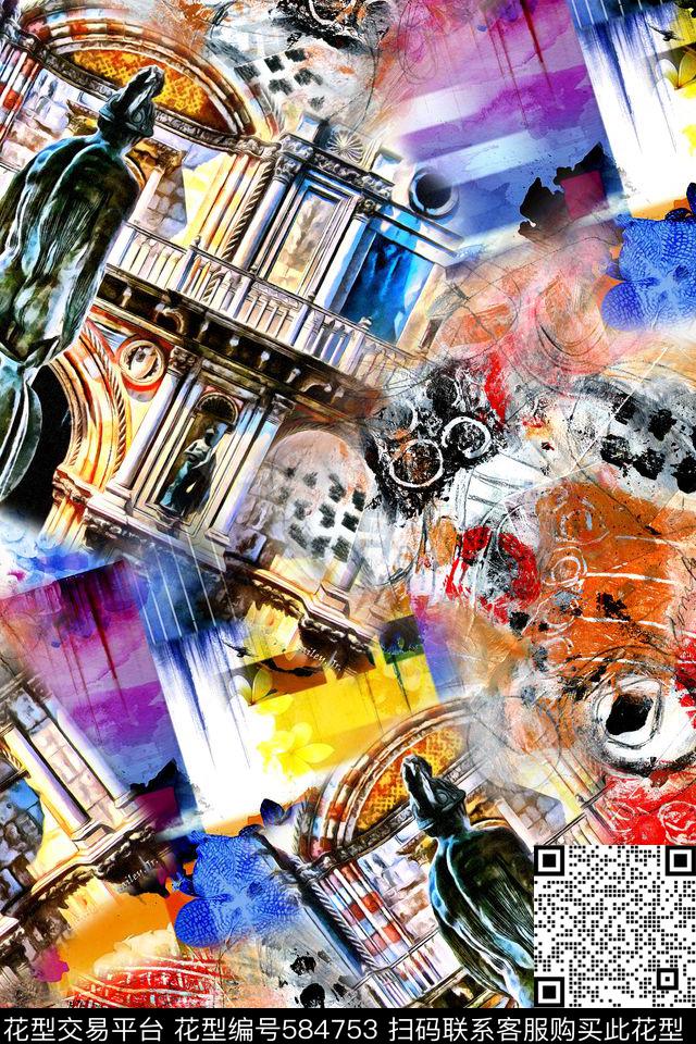 抽象几何拼接数码印花华亿平台下载（图片编号: 584753） - 瓦栏（Walan）