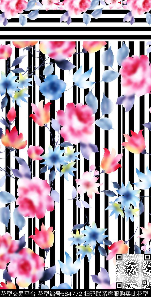 抽象、花卉、黑白线条数码印花华亿平台下载（图片编号: 584772） - 瓦栏（Walan）