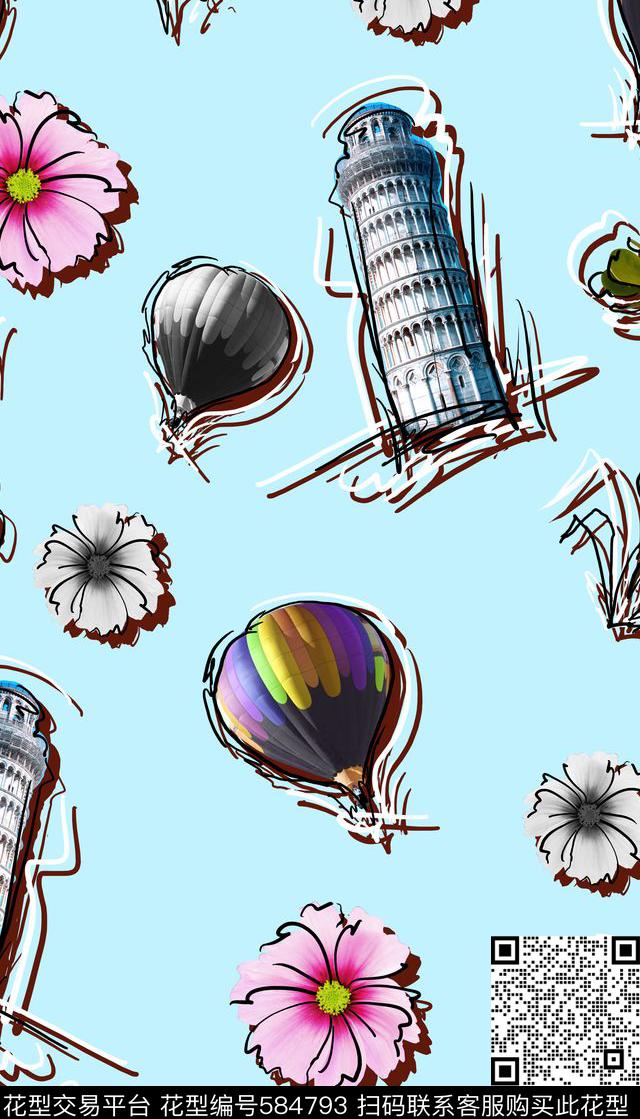 建筑、花卉、热气球、勾线手法数码印花华亿平台下载（图片编号: 584793） - 瓦栏（Walan）