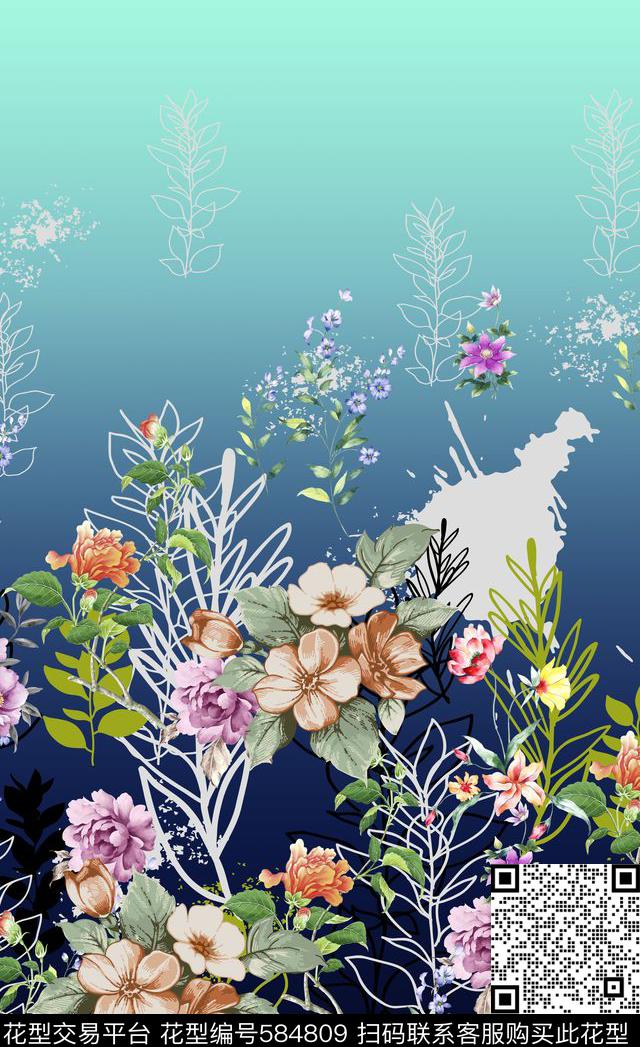 手绘花卉定位数码印花华亿平台下载（图片编号: 584809） - 瓦栏（Walan）