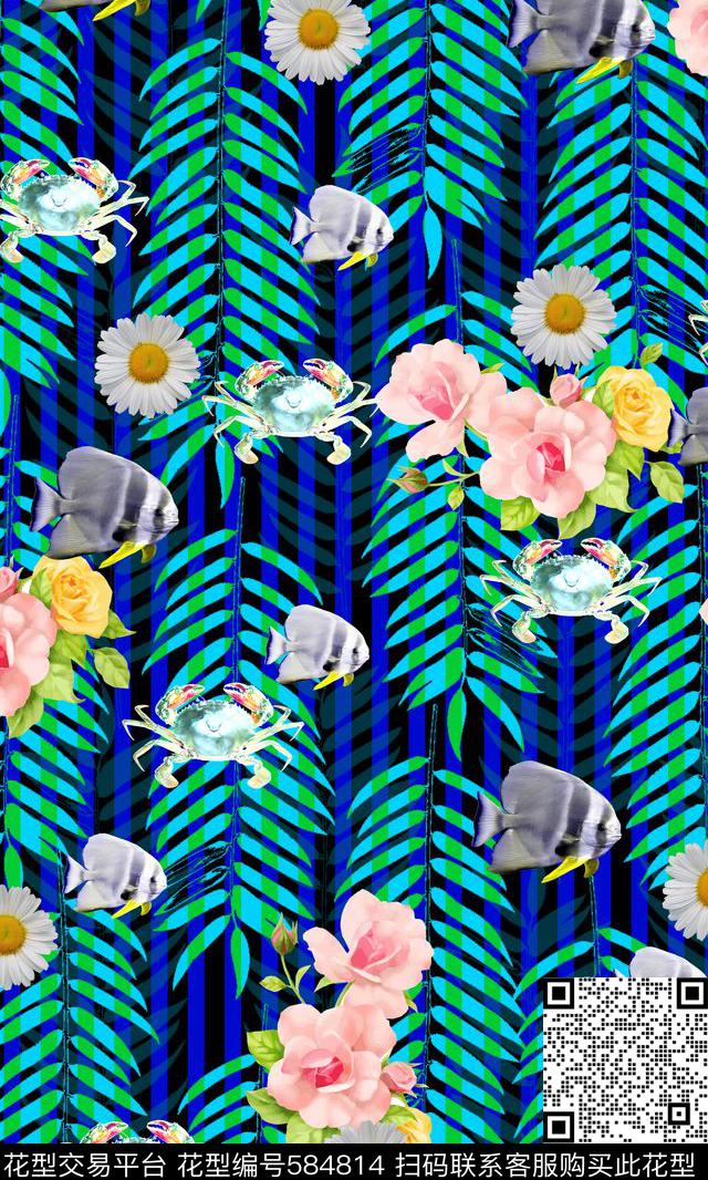 树叶鱼螃蟹植物数码印花华亿平台下载（图片编号: 584814） - 瓦栏（Walan）