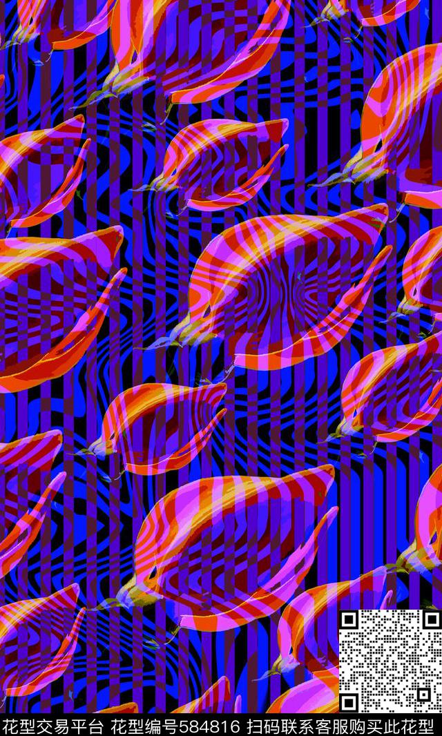 写意定位线条花骨朵数码印花华亿平台下载（图片编号: 584816） - 瓦栏（Walan）