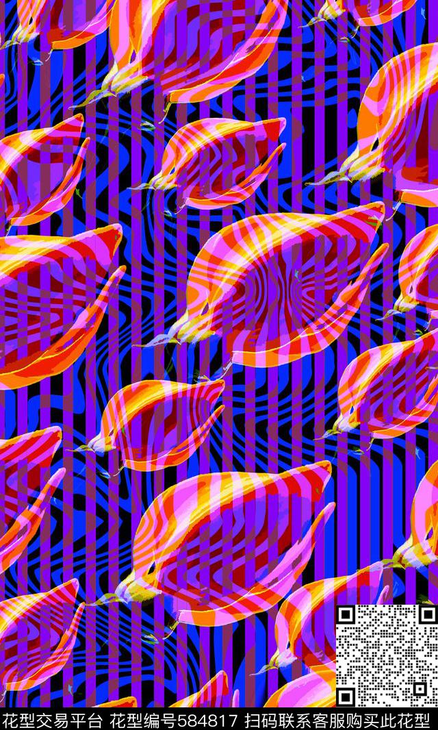 写意定位线条花骨朵数码印花华亿平台下载（图片编号: 584817） - 瓦栏（Walan）