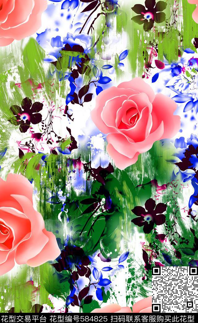 分色大花手绘数码印花华亿平台下载（图片编号: 584825） - 瓦栏（Walan）