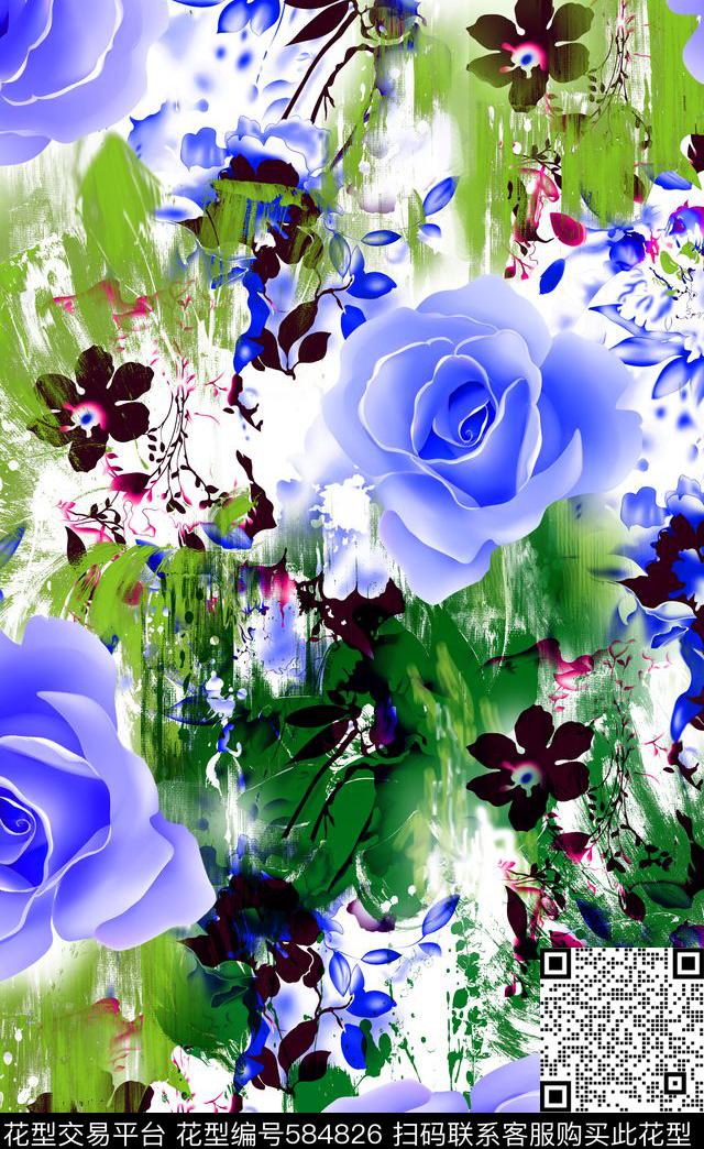 分色大花手绘数码印花华亿平台下载（图片编号: 584826） - 瓦栏（Walan）