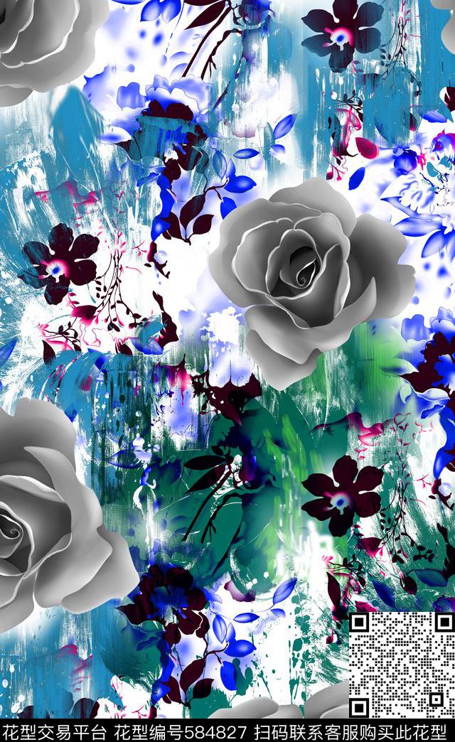 分色大花手绘数码印花华亿平台下载（图片编号: 584827） - 瓦栏（Walan）
