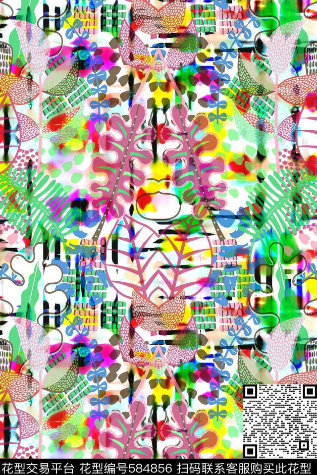 潮流时尚抽象植物叶子轮廓数码印花华亿平台下载（图片编号: 584856） - 瓦栏（Walan）