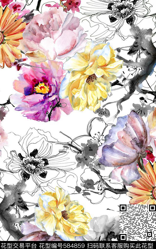 花卉玫瑰水墨数码印花华亿平台下载（图片编号: 584859） - 瓦栏（Walan）