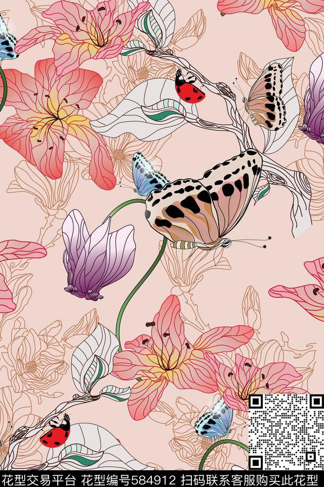 清新花卉花纹数码印花华亿平台下载（图片编号: 584912） - 瓦栏（Walan）