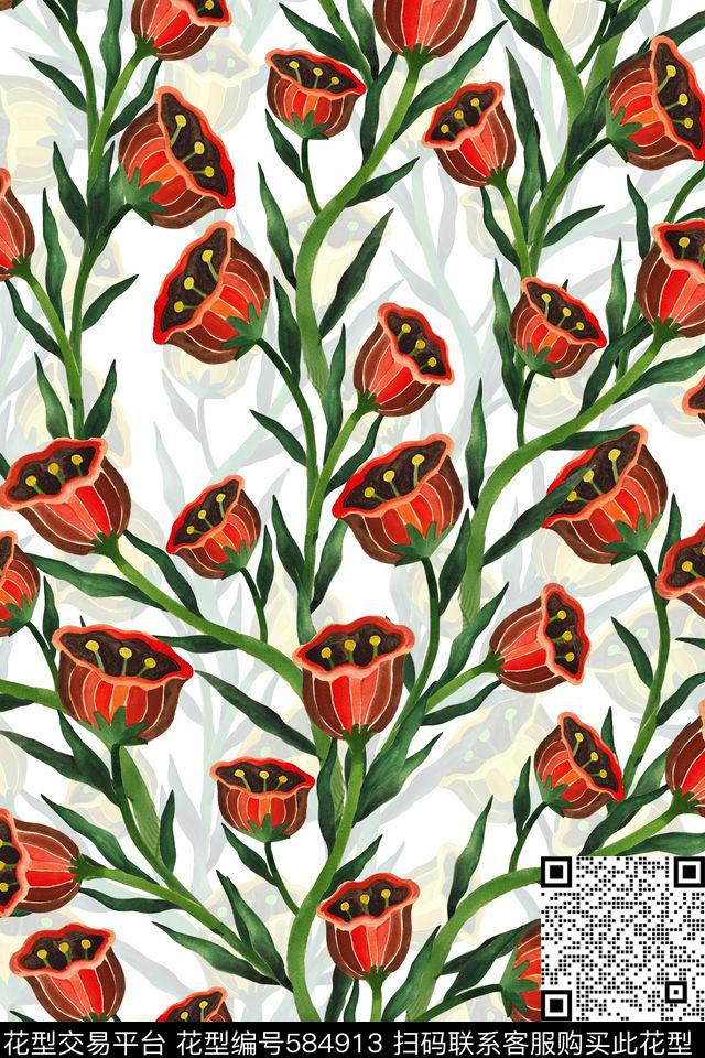花卉蔓藤定位花朵数码印花华亿平台下载（图片编号: 584913） - 瓦栏（Walan）