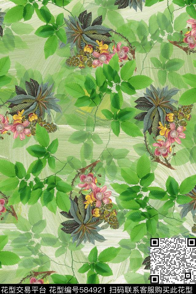 热带绿叶花卉数码印花华亿平台下载（图片编号: 584921） - 瓦栏（Walan）