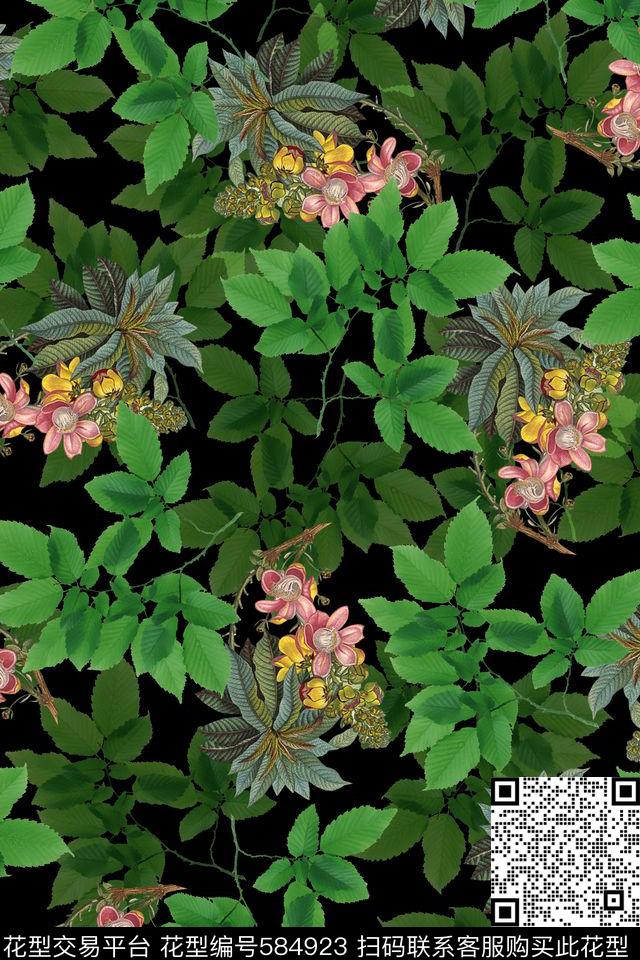 热带绿叶花卉数码印花华亿平台下载（图片编号: 584923） - 瓦栏（Walan）