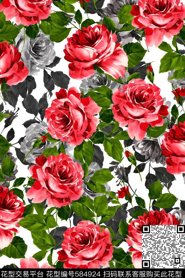 花卉玫瑰水彩数码印花华亿平台下载（图片编号: 584924） - 瓦栏（Walan）