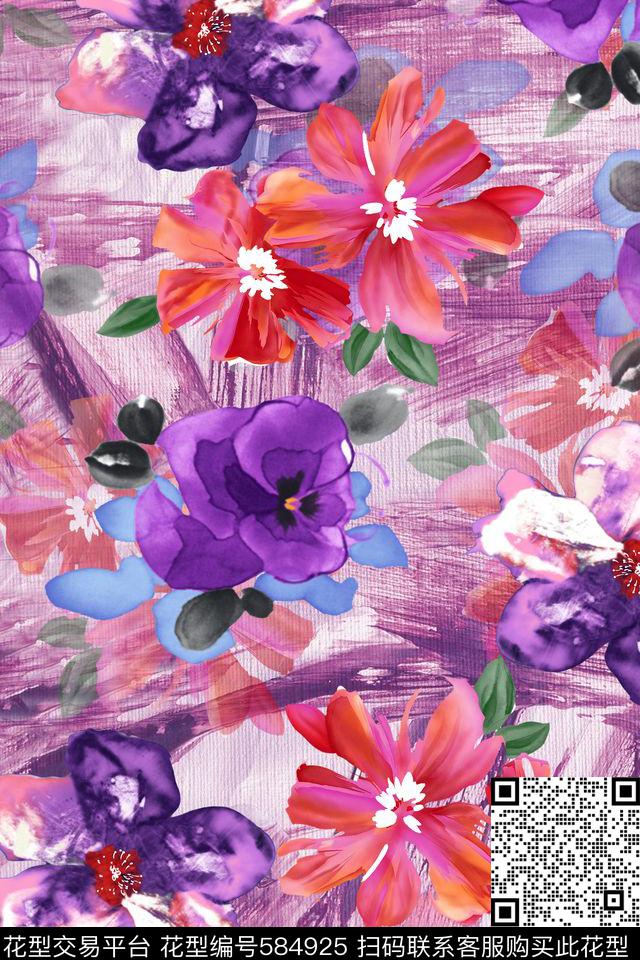 手绘花卉笔刷数码印花华亿平台下载（图片编号: 584925） - 瓦栏（Walan）