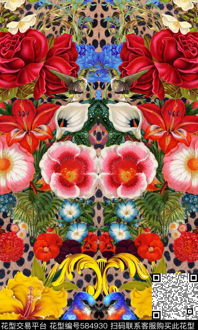 豹纹花卉鸟数码印花华亿平台下载（图片编号: 584930） - 瓦栏（Walan）