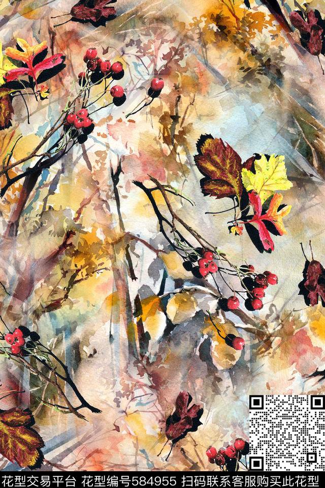 休闲风水彩果实树叶雪纺连衣裙数码印花华亿平台下载（图片编号: 584955） - 瓦栏（Walan）
