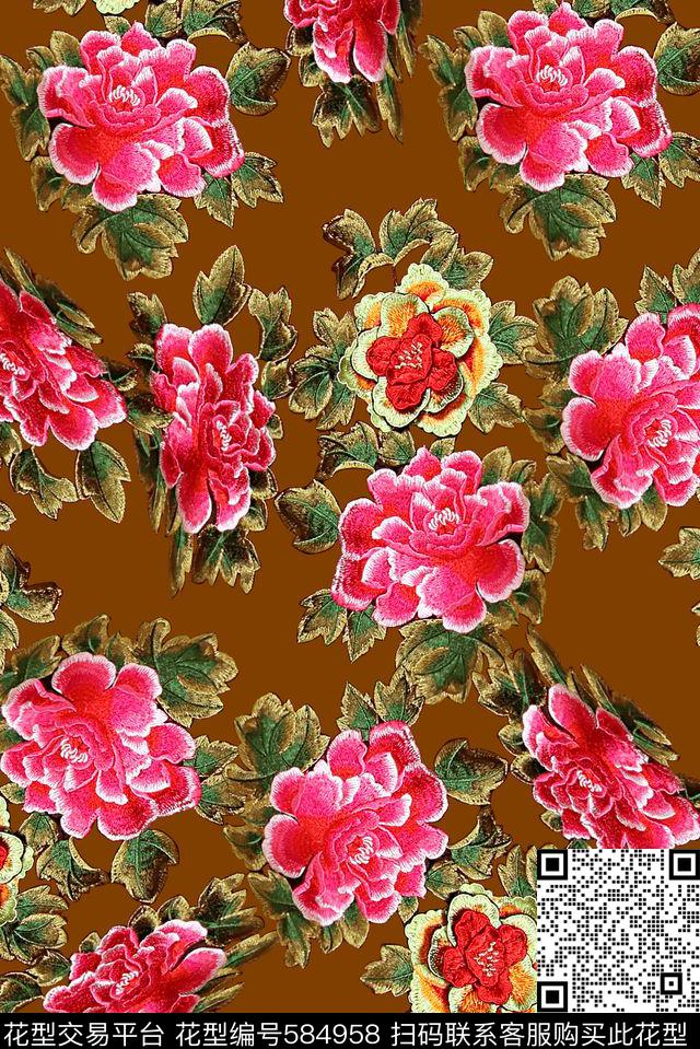 时尚大牌欧美风格牡丹花时尚数码印花华亿平台下载（图片编号: 584958） - 瓦栏（Walan）
