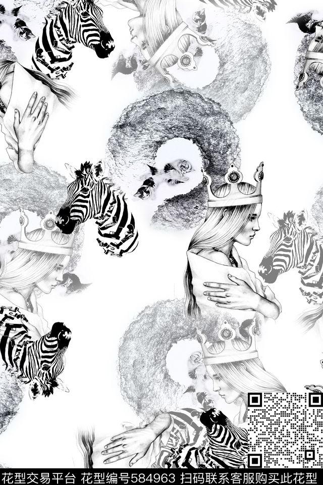 黑白人物斑马衬衫裙子数码印花华亿平台下载（图片编号: 584963） - 瓦栏（Walan）