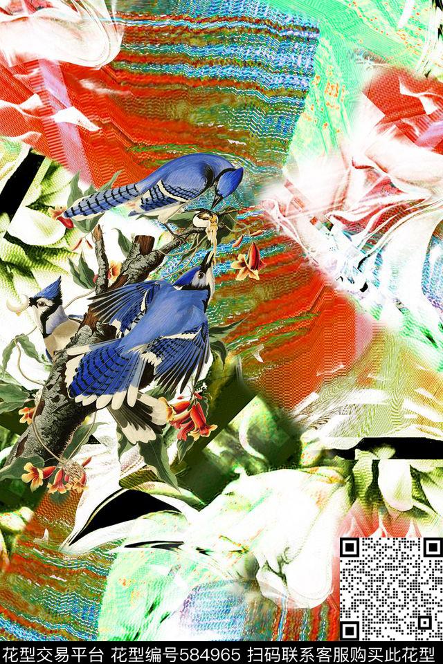 抽象图案油彩花鸟休闲数码印花华亿平台下载（图片编号: 584965） - 瓦栏（Walan）