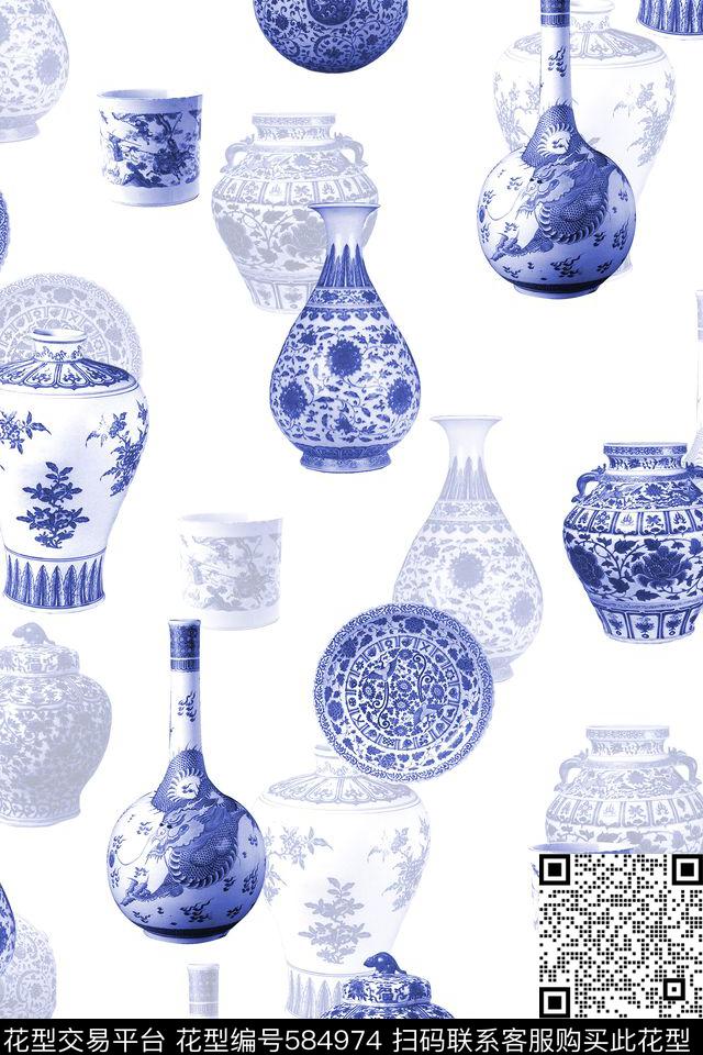 青花瓷休闲纯色底散花数码印花华亿平台下载（图片编号: 584974） - 瓦栏（Walan）