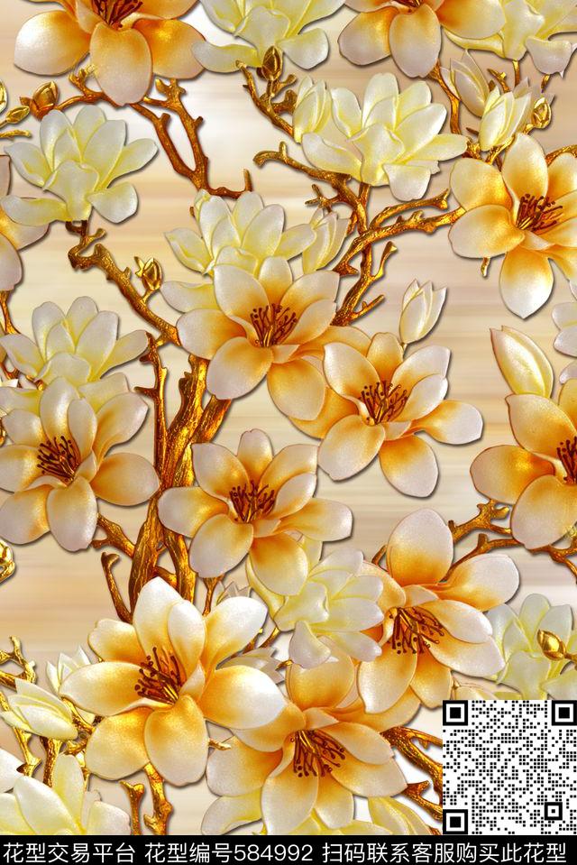 手绘雕刻花卉数码印花华亿平台下载（图片编号: 584992） - 瓦栏（Walan）