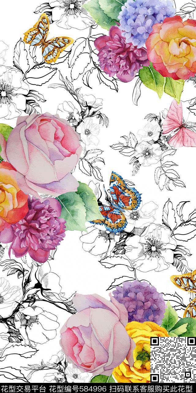 花卉几何水墨数码印花华亿平台下载（图片编号: 584996） - 瓦栏（Walan）