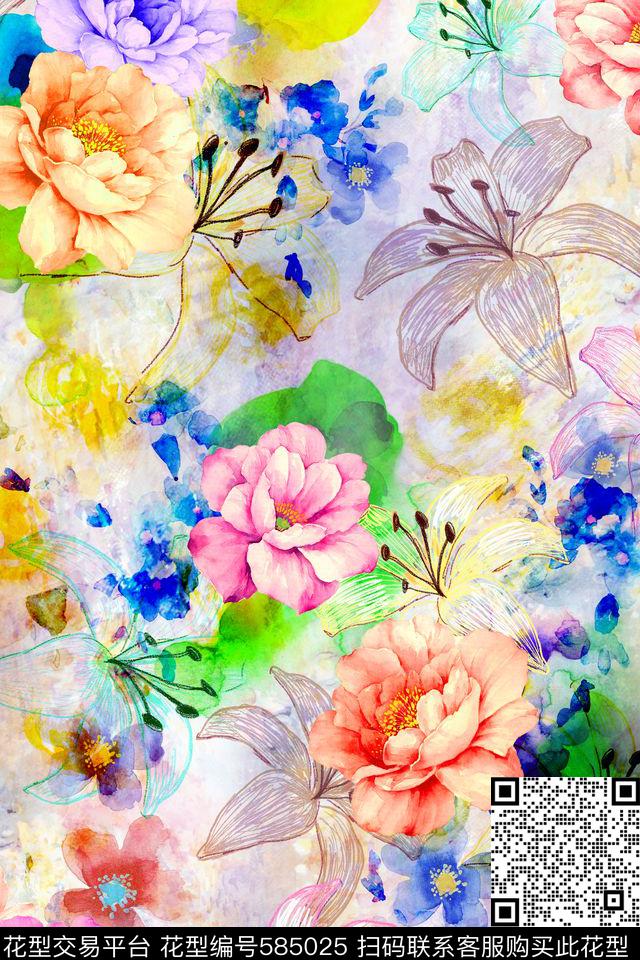 手绘花卉线描数码印花华亿平台下载（图片编号: 585025） - 瓦栏（Walan）