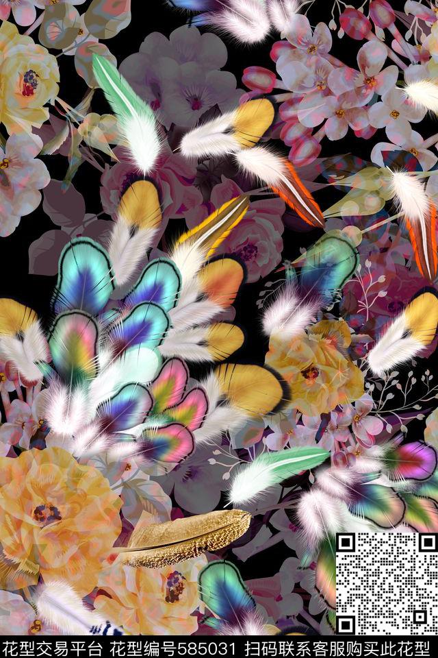 羽毛花朵花卉数码印花华亿平台下载（图片编号: 585031） - 瓦栏（Walan）