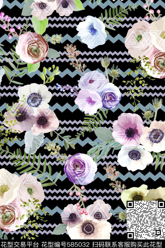 波浪条花朵花卉数码印花华亿平台下载（图片编号: 585032） - 瓦栏（Walan）