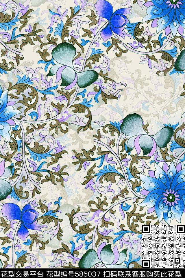 时尚青花卷草纹数码印花华亿平台下载（图片编号: 585037） - 瓦栏（Walan）