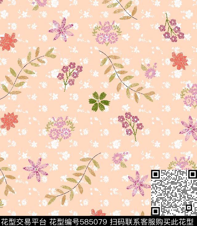 小花绿叶传统印花华亿平台下载（图片编号: 585079） - 瓦栏（Walan）