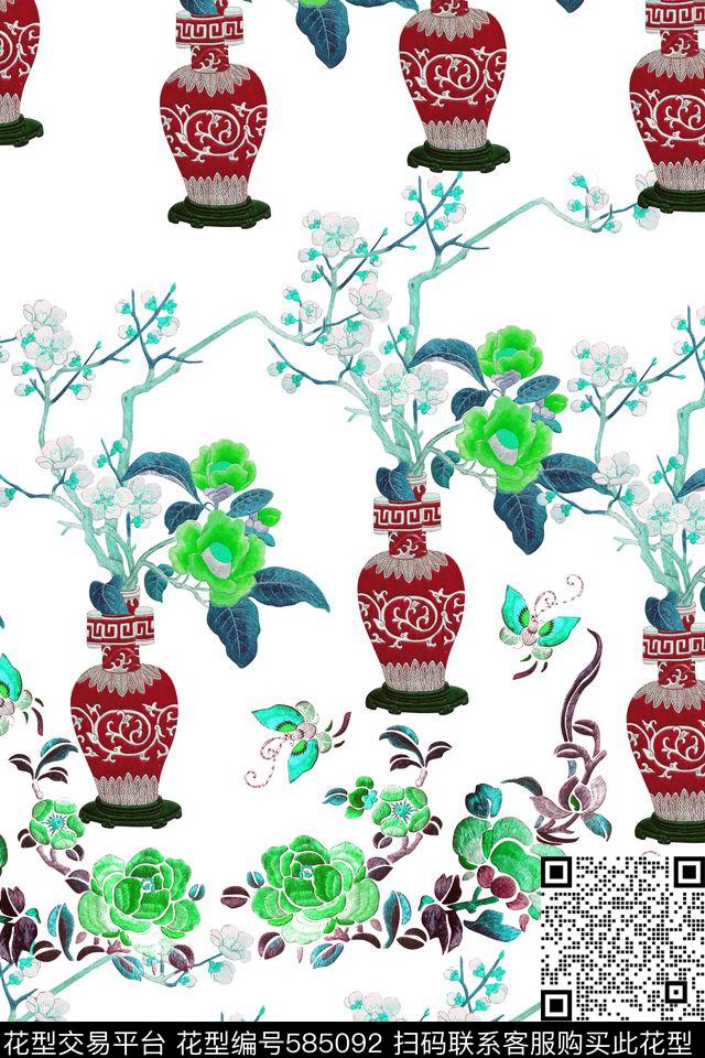 蝴蝶青花瓷花朵数码印花华亿平台下载（图片编号: 585092） - 瓦栏（Walan）