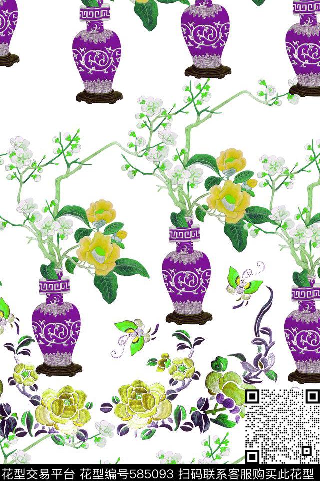 蝴蝶青花瓷花朵数码印花华亿平台下载（图片编号: 585093） - 瓦栏（Walan）