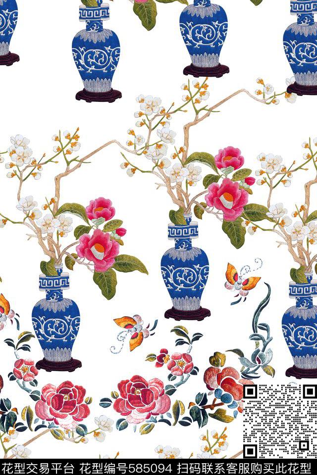 蝴蝶青花瓷花朵数码印花华亿平台下载（图片编号: 585094） - 瓦栏（Walan）