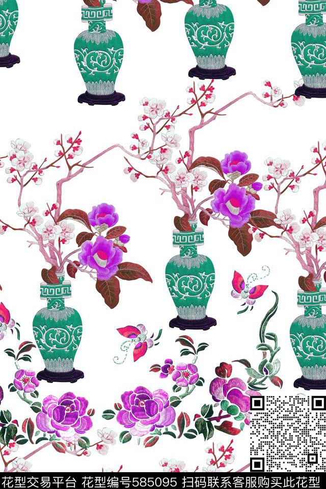 蝴蝶青花瓷花朵数码印花华亿平台下载（图片编号: 585095） - 瓦栏（Walan）